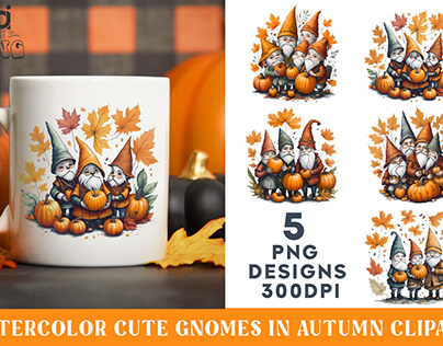 Watercolor Cute Gnomes in Autumn Clipart