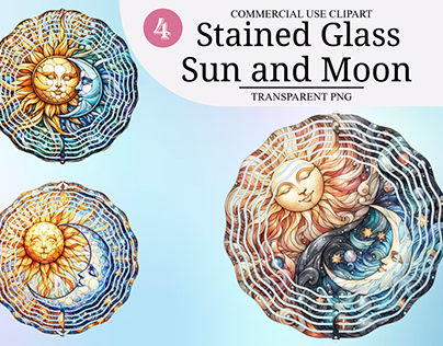 Watercolor Sun and Moon Stained Glass Clipart