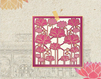 Elegant Lotus Theme Wedding Invitation Cards
