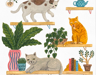 Cats and Plants on Shelf by Veronika Glazunova