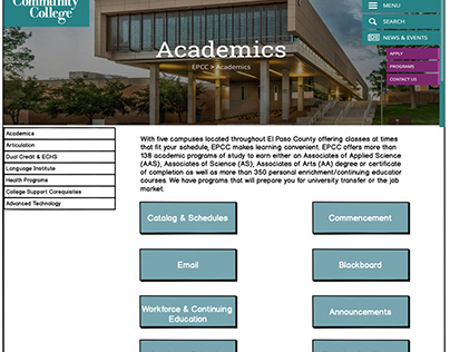 El Paso Community College Academics Page Redesign