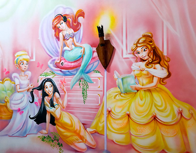 Wall painting with princesses in a cafe for girls.
