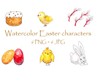 Set of watercolor Easter characters and elements