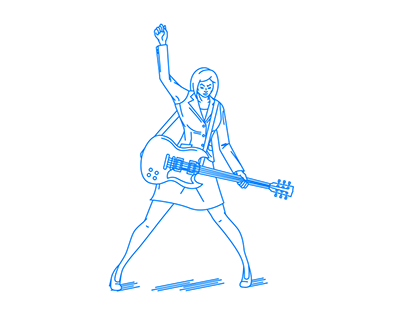 A woman who raises arm and plays guitar