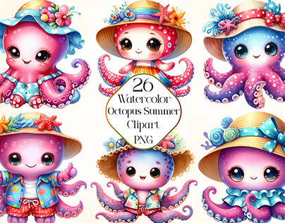 Watercolor Baby Octopus Summer Clipart