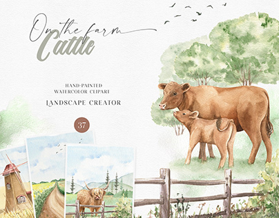 Watercolor cattle clipart, Highland cow, village