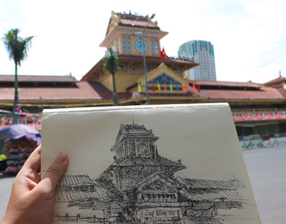 Drawing sketch - Vẽ ký họa chợ Bình Tây , Việt Nam