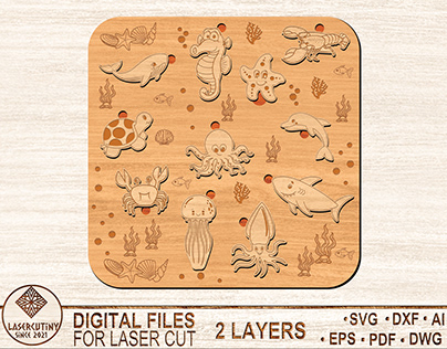 LASER CUT SEA ANIMALS WOODEN SORTING PUZZLE.
