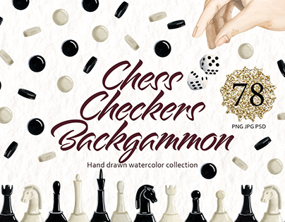 Chess Checkers Backgammon Watercolor Clipart