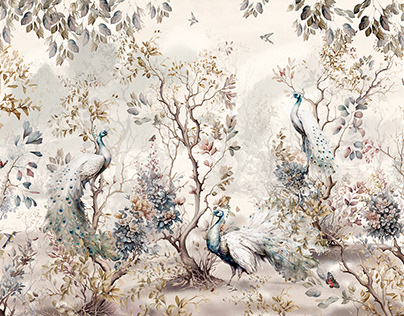 white peacock birds background with trees plants
