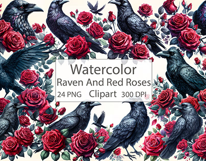 Watercolor Raven and Red Roses Clipart