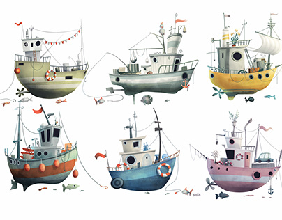 A set of illustrations of cartoon boats