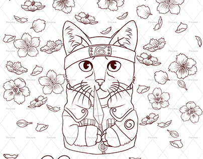 Realistic cat with costume and sword floral background