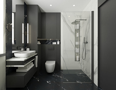 Bathroom, black, white, shower