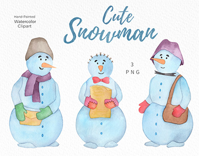 Christmas Cute Snowman, Watercolor Winter Clipart