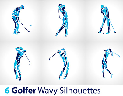 Golfers Set. 6 Golfer wavy Silhouettes