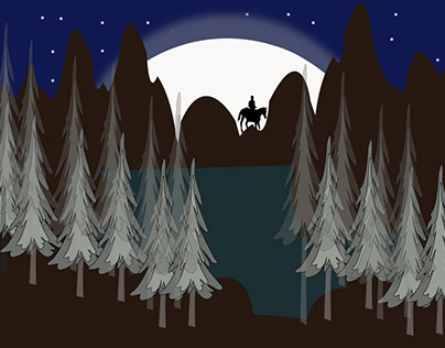 A horse man on mountain at dark moon midnight....