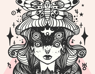 Death Head Moth, Girl, Line Art