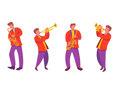 Jazz musicians with saxophones and trumpets.