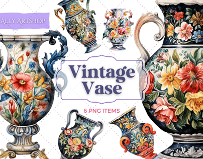 Watercolor Vintage Vase Clipart Set