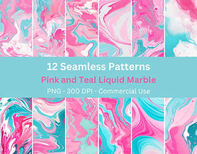 Pink and Teal Liquid Marble Seamless Patterns