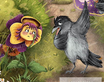 Pansy Flower and Hooded Crow - fragment of illustration