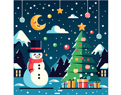 Winter with Snowman Gift Boxes and Tree Illustration