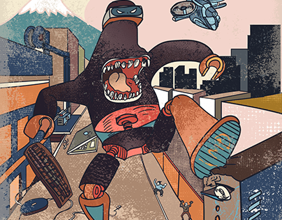 monster destroying the city, vintage and japanese style