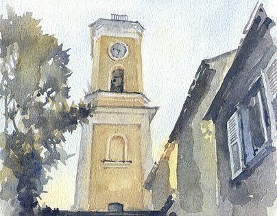 Church in Èze, France. Watercolor Sketch.
