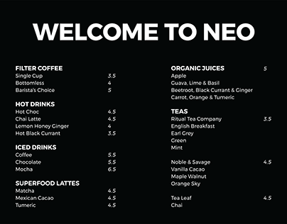 Neo Cafe and Eatery Menu
