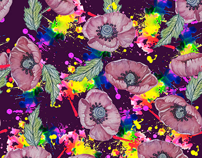 Pink poppies and bright watercolor blots on a purple