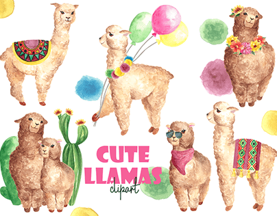 Watercolor Llamas Clipart, Cute Alpacas