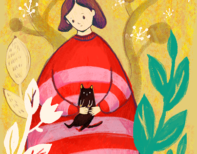 girl with red dress and a black cat