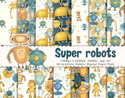 Robots Watercolor Digital Paper Pack
