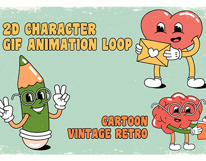 2d character gif animation loop, cartoon vintage retro
