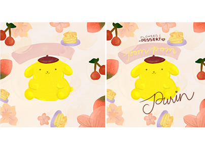 Digital Drawing: Pompompurin with flowers and desserts