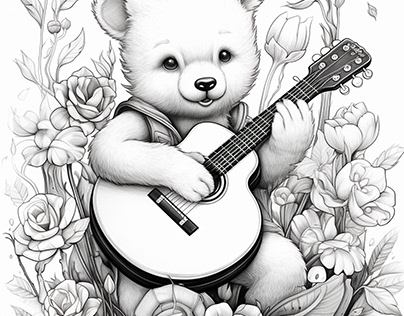 Bear Playing Guiter Coloring Book Page