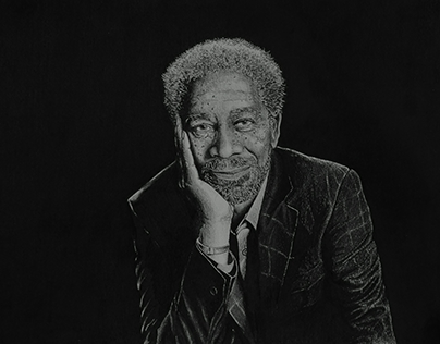 Drawing of Morgan Freeman using black pencils