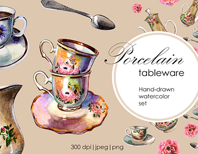 Porcelain tableware. Watercolor set