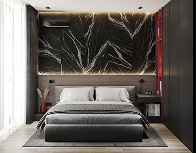 Bedroom design with black marble and cherry accents