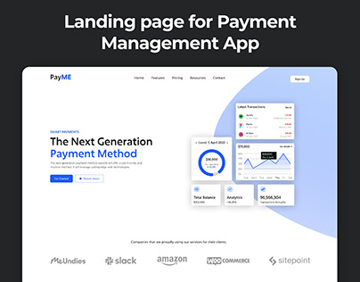 Landing page design for Payment Management Mobile App