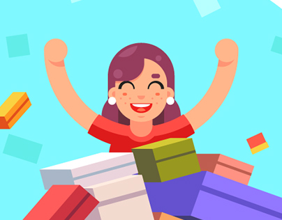 Happy woman shopping pile of goods gifts boxes vector