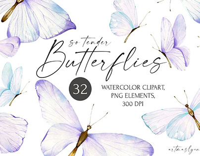 Watercolor butterflies clipart. Cute blue insects.