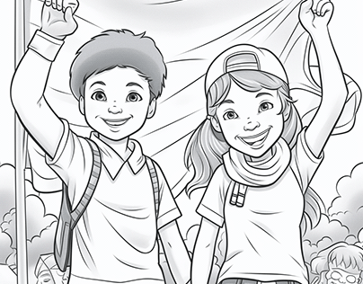 Coloring Page Depicting A Boy And A Girl Big Smile