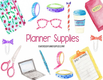 Watercolor Planner Supplies Clipart