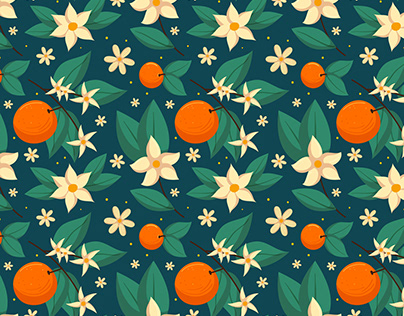 Floral seamless pattern with citrus fruits and flowers