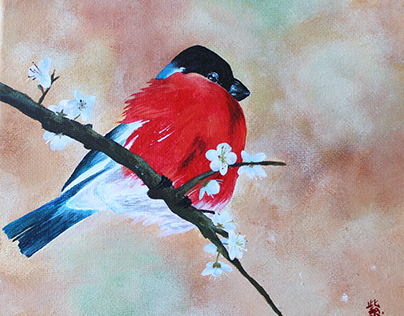 Bullfinch in Spring Acrylic painting