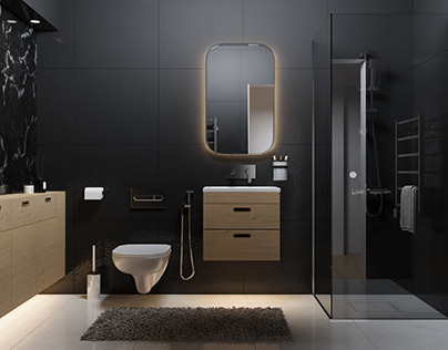 Ascetic black tiled bathroom 3D Visualization