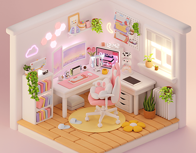 3D Isometric Aesthetic Gaming Room