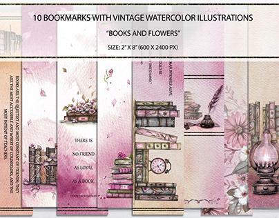 10 Digital Bookmarks with Watercolor Vintage Books